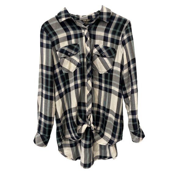 peyton jensen Tops - Peyton Jensen Plaid Shirt Size Small Button Front Long Sleeve Navy Blue Preppy